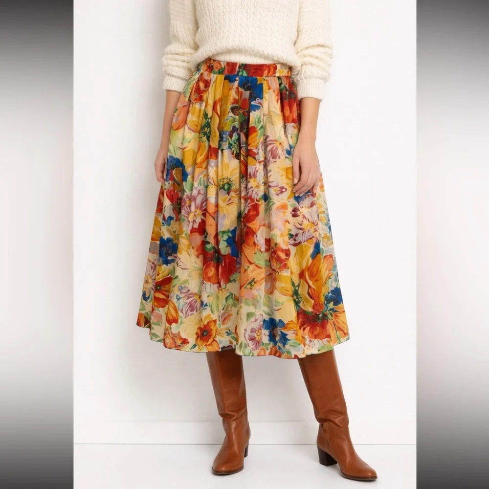 Vintage GEIGER Austrian Fine New Wool Colorful floral Pleated Skirt - Picture 1 of 11